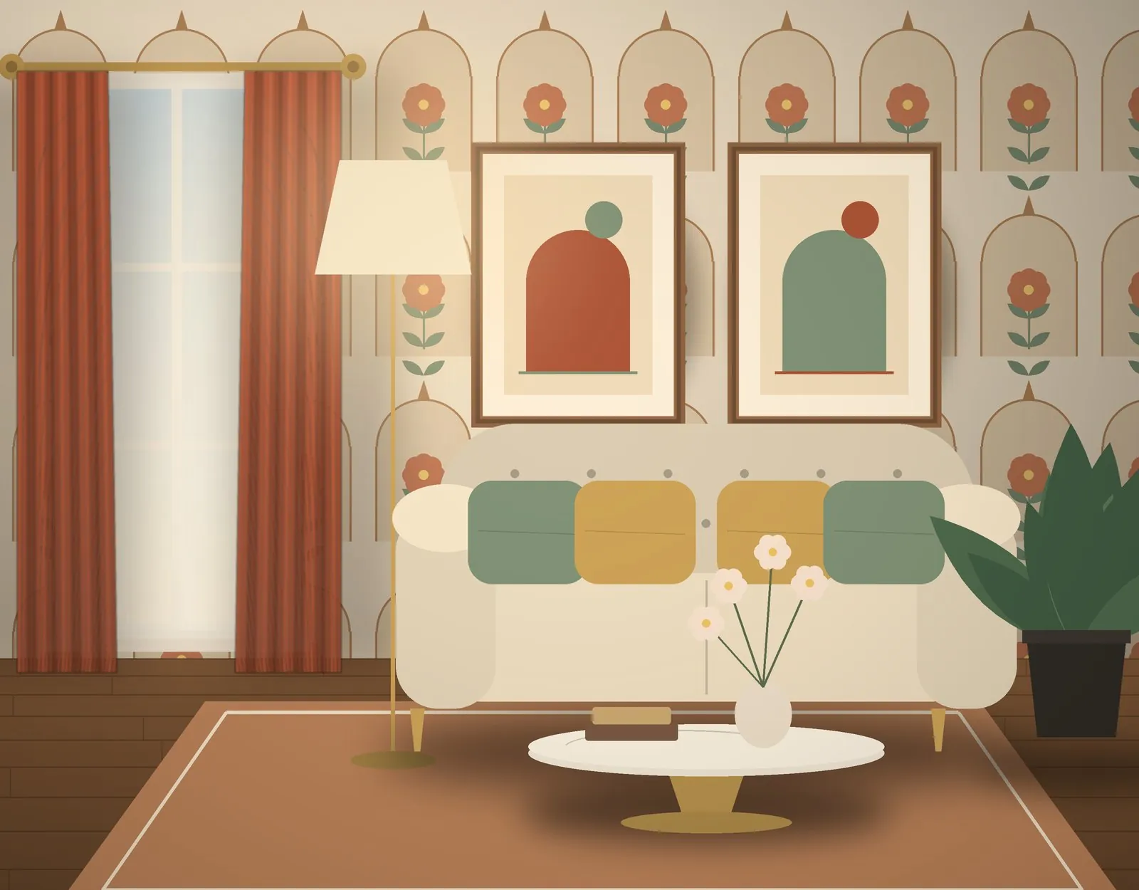 Room with Mughal arch wallpaper, terracotta curtains and framed art