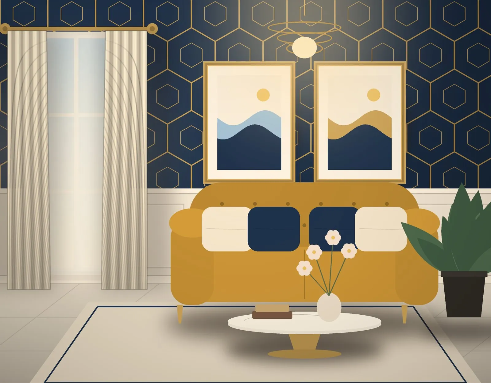 Living room with navy and gold hexagon wallpaper and a mustard sofa