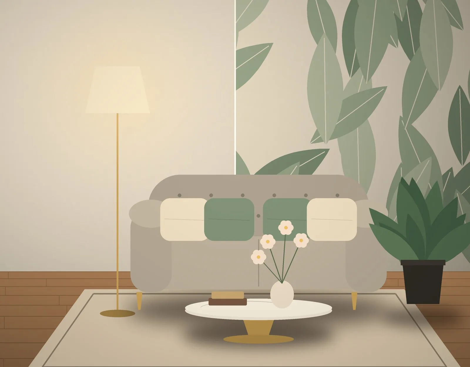 The same room with a plain wall on the left and botanical wallpaper on the right